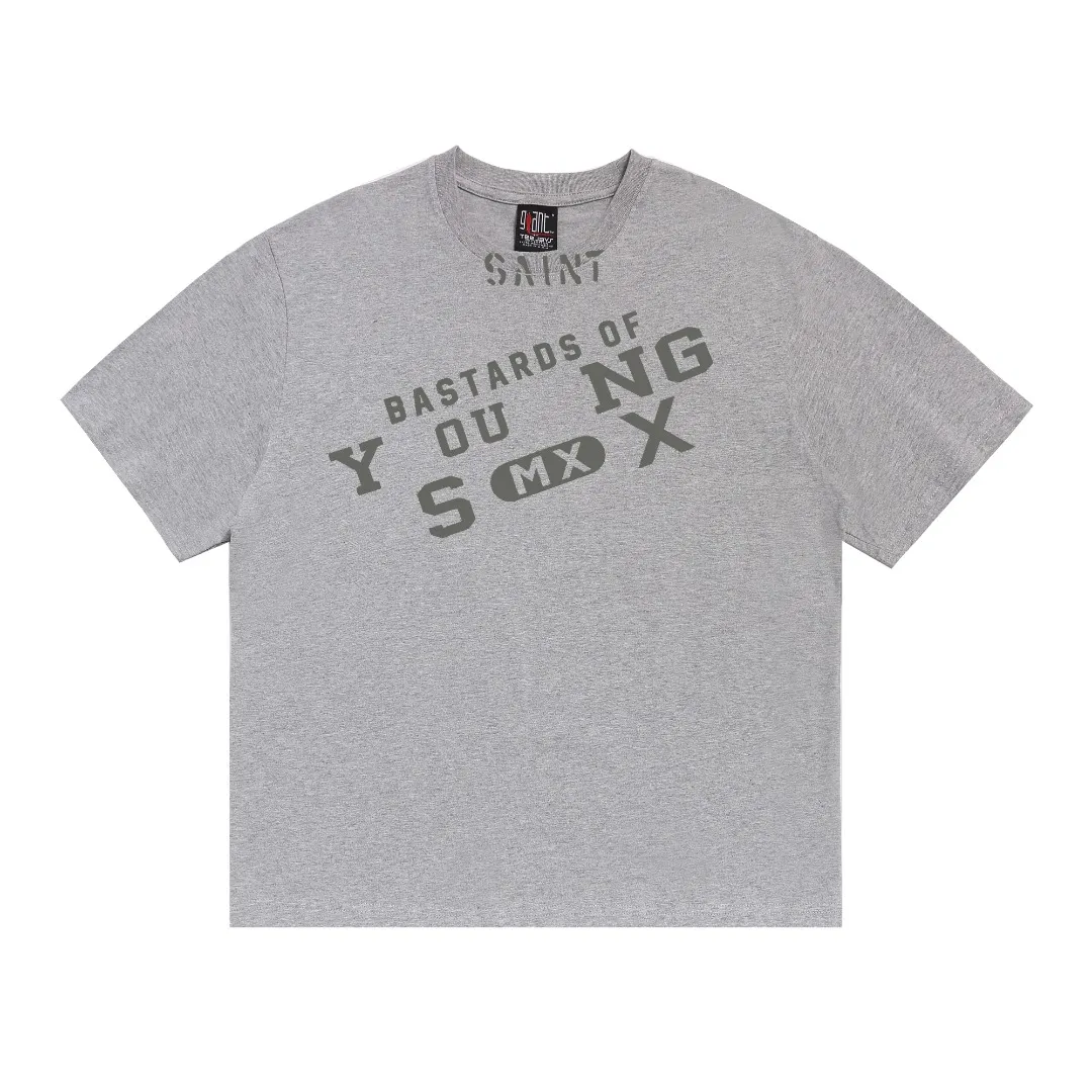 Saint Michael's vintage BerBerJin YOUNG slogan retro distressed short-sleeved loose T-shirt. Digital white ink direct printing. The fabric is breathable and the pattern is three-dimensional and clear. Fabric: Double yarn 240g Style number: S989 Size: S-M-L-XL Color: Gray Price: P110